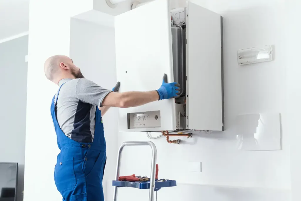 HVAC services - Boiler repair and installation, professional replaces cover of residential boiler after repairs - Clinton, IL